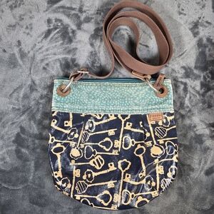 Fossil Key-Per Crossbody Bag Purse Coated Canvas Teal &  Navy Blue Key Print